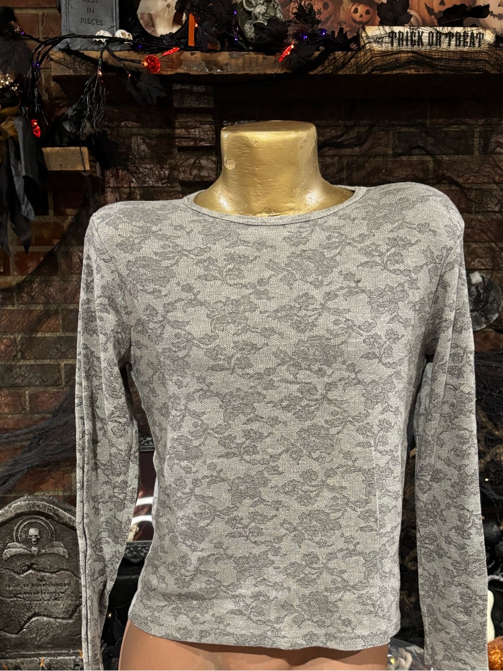 Basic editions long sleeve grey floral top